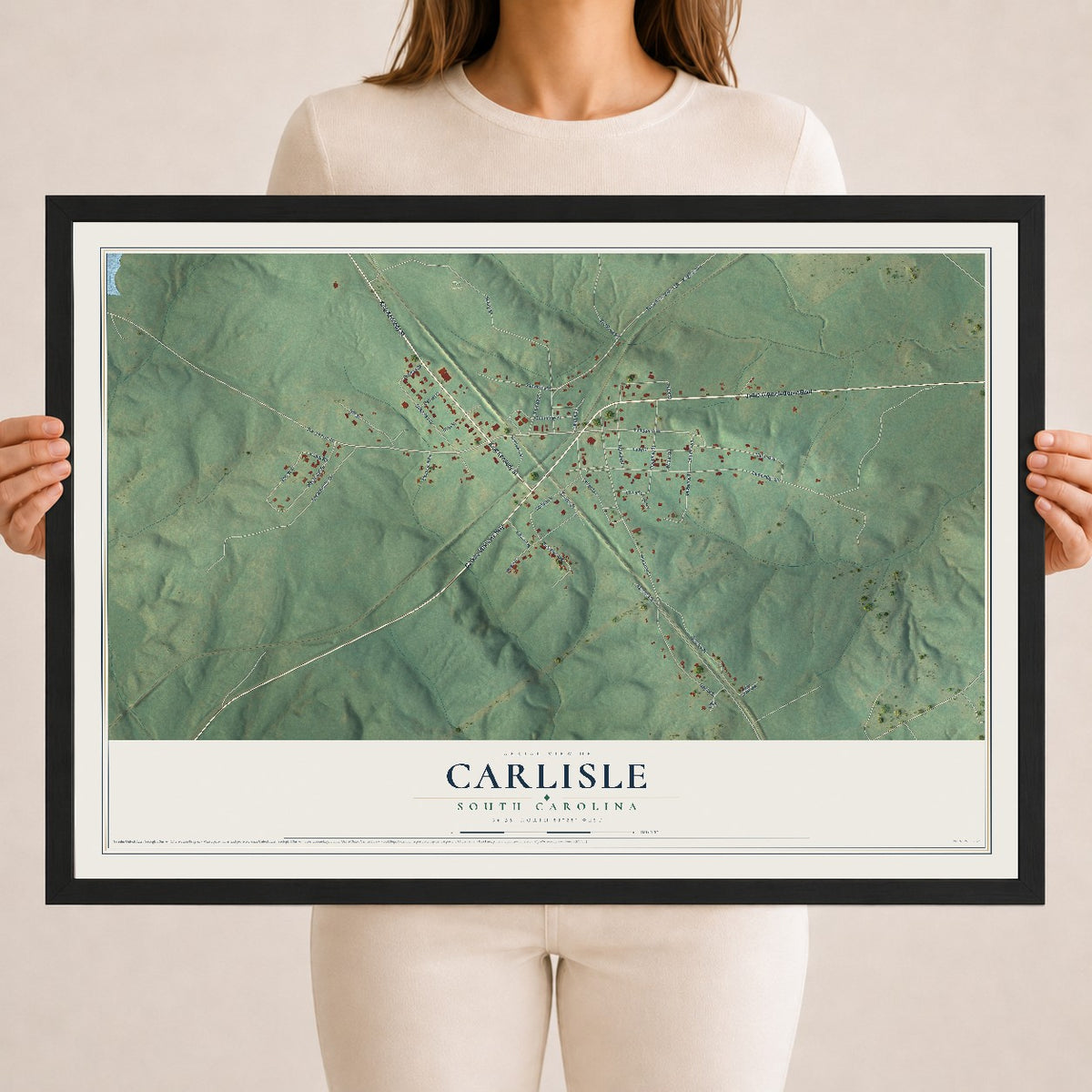 Map of Carlisle, South Carolina, 18 x 24 inch print in a black wood frame