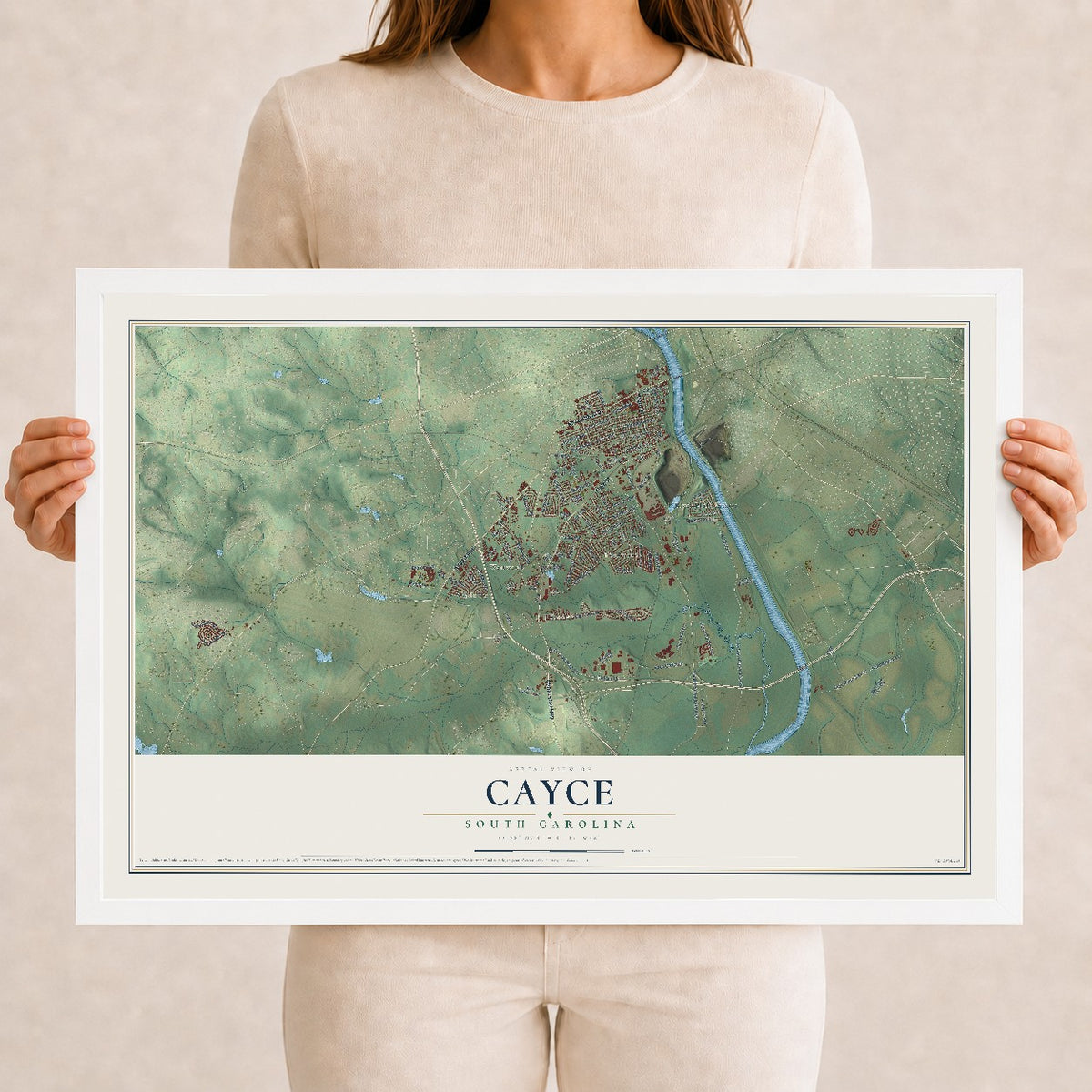 Map of Cayce, South Carolina, 12 x 18 inch print in a white wood frame
