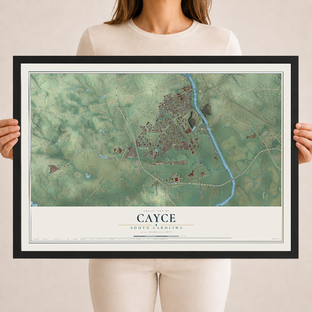 Map of Cayce, South Carolina, 18 x 24 inch print in a black wood frame