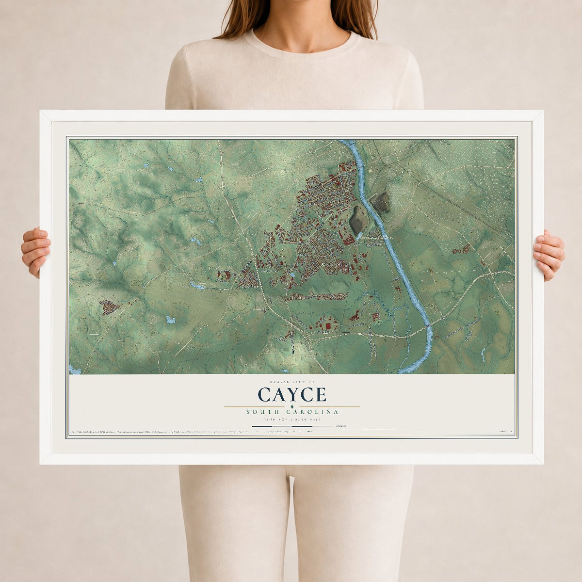 Map of Cayce, South Carolina, 24 x 36 inch print in a white wood frame