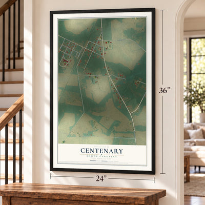 Centenary, South Carolina map, 24 x 36 inch print in a black frame by a staircase