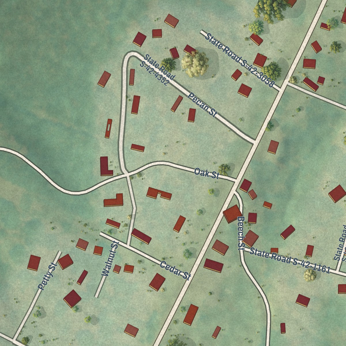 Close-up of the map of Central Pacolet, South Carolina print showing street and building detail
