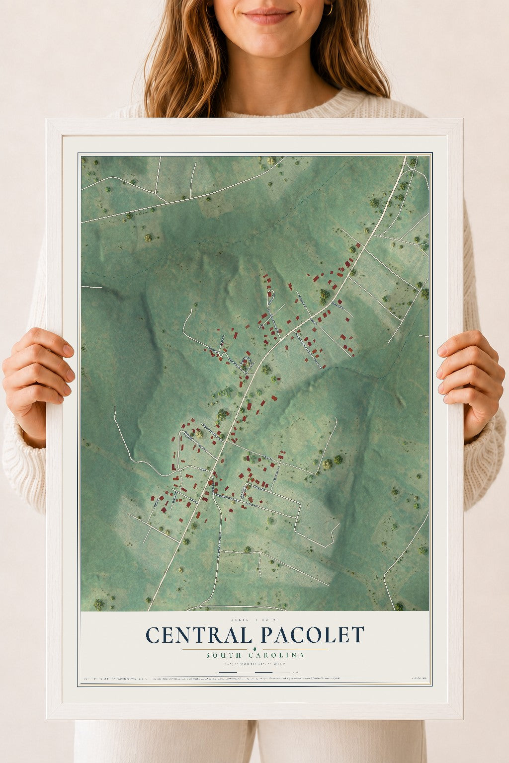 Map of Central Pacolet, South Carolina, 18 x 24 inch print in a white wood frame