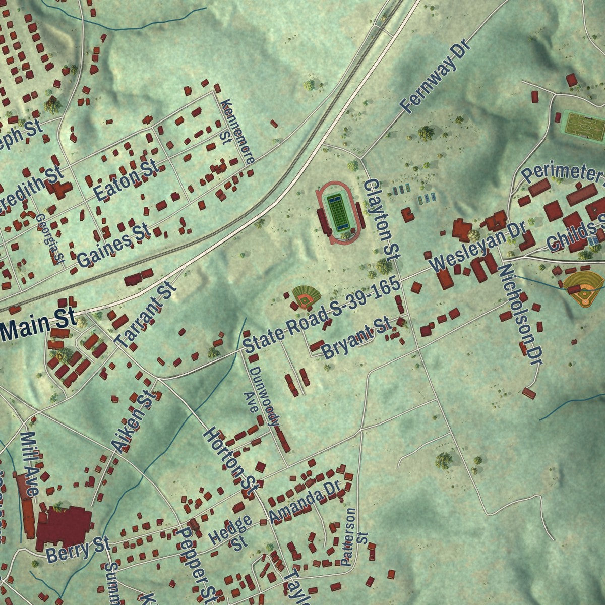 Close-up of the map of Central, South Carolina print showing street and building detail