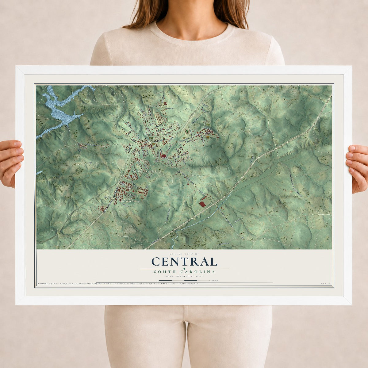 Map of Central, South Carolina, 18 x 24 inch print in a white wood frame