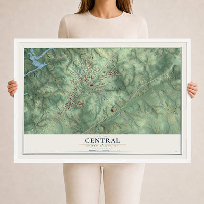 Map of Central, South Carolina, 24 x 36 inch print in a white wood frame