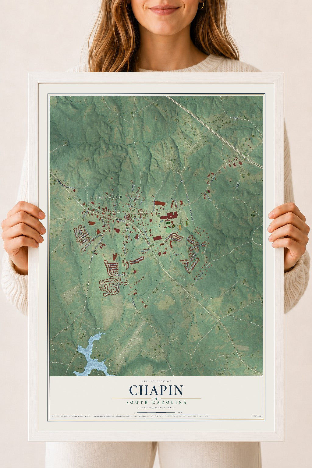 Map of Chapin, South Carolina, 18 x 24 inch print in a white wood frame