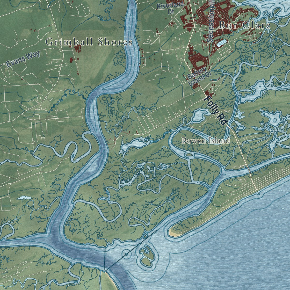 Second close-up of the map of Charleston, South Carolina print showing more streets and buildings