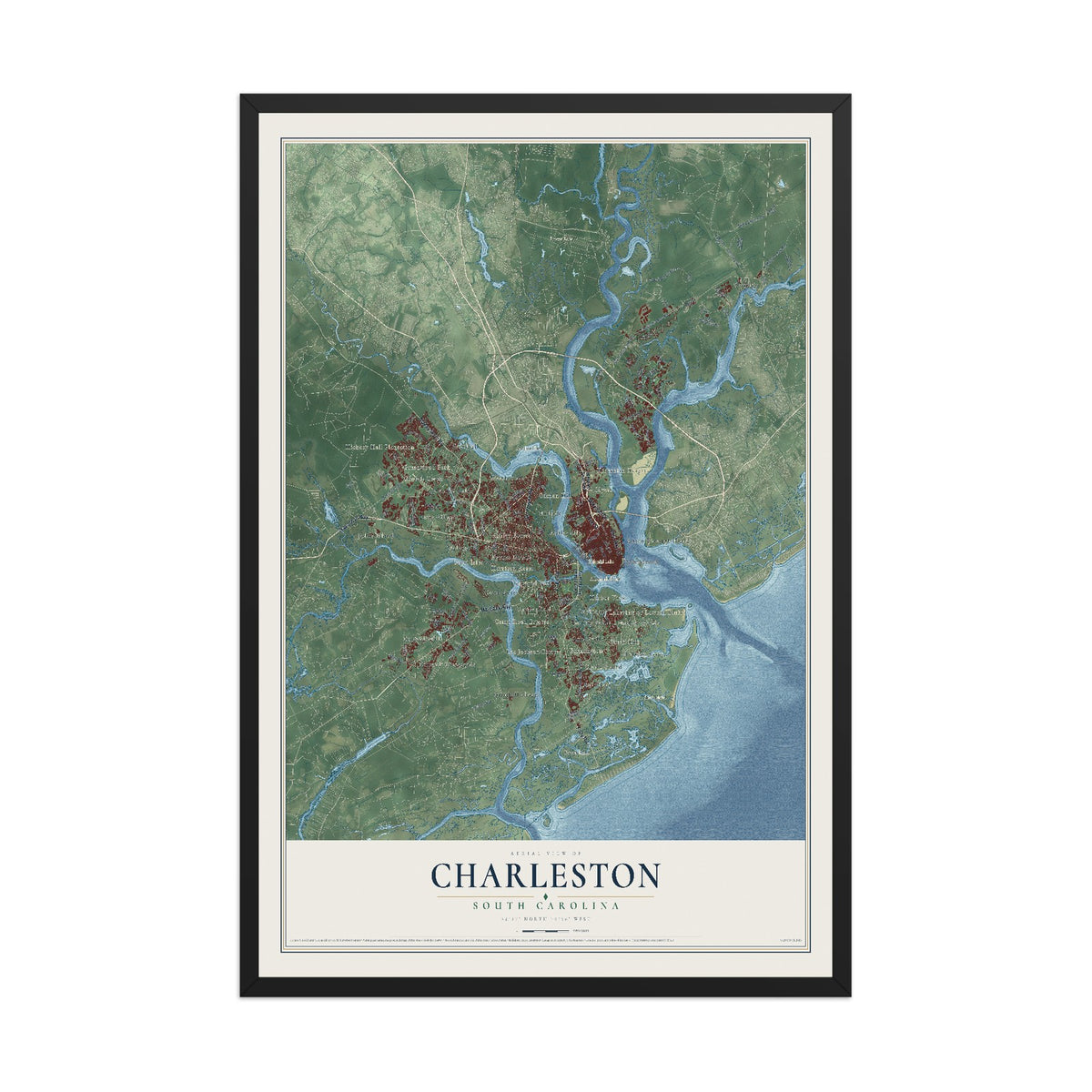 Map of Charleston, South Carolina, 12 x 18 inch print in a black wood frame