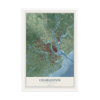 Map of Charleston, South Carolina, 12 x 18 inch print in a white wood frame