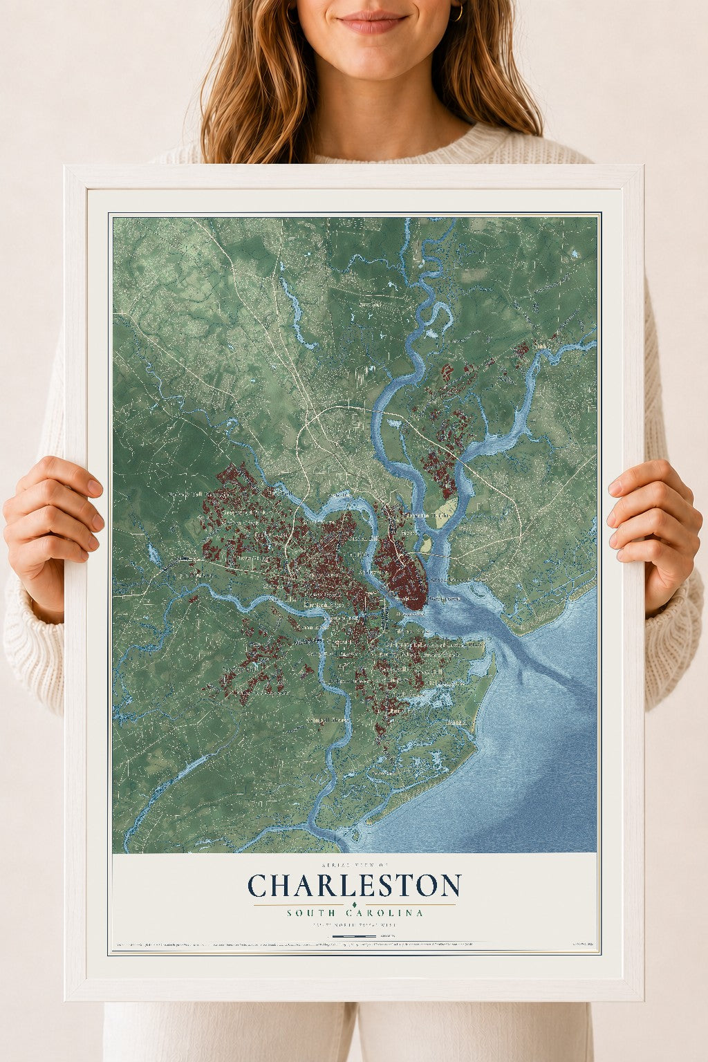 Map of Charleston, South Carolina, 18 x 24 inch print in a white wood frame