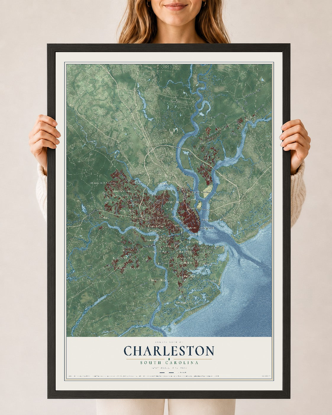 Map of Charleston, South Carolina, 24 x 36 inch print in a black wood frame