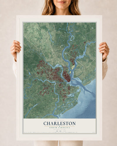 Map of Charleston, South Carolina, 24 x 36 inch print in a white wood frame