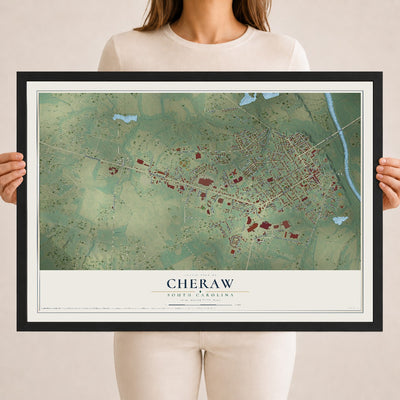 Map of Cheraw, South Carolina, 18 x 24 inch print in a black wood frame