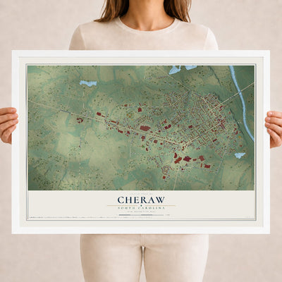 Map of Cheraw, South Carolina, 18 x 24 inch print in a white wood frame