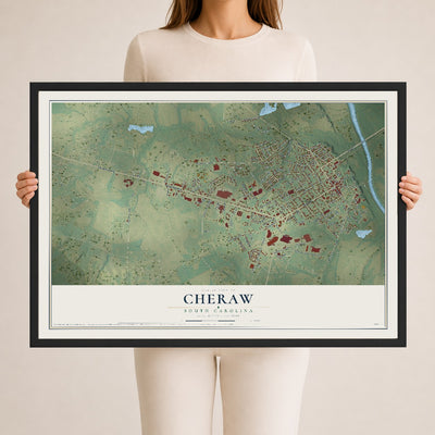 Map of Cheraw, South Carolina, 24 x 36 inch print in a black wood frame