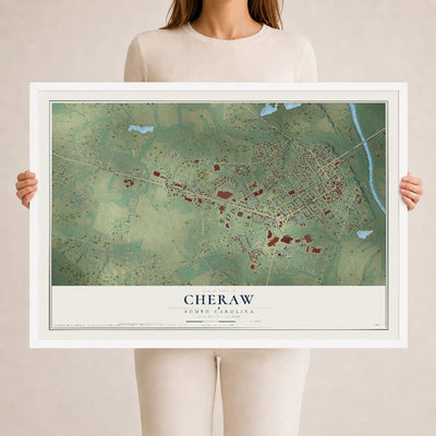 Map of Cheraw, South Carolina, 24 x 36 inch print in a white wood frame