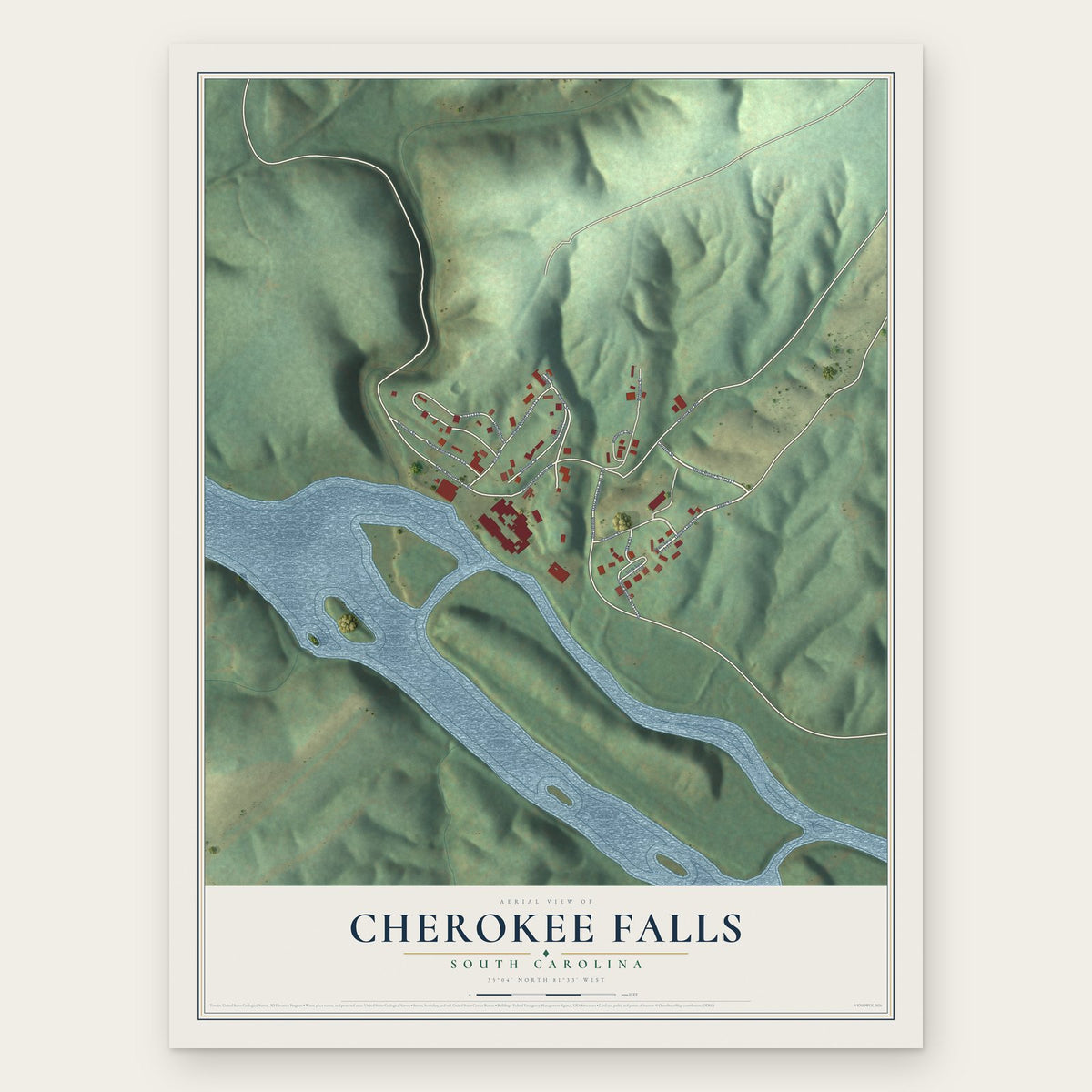 Cherokee Falls, South Carolina map print, the full design