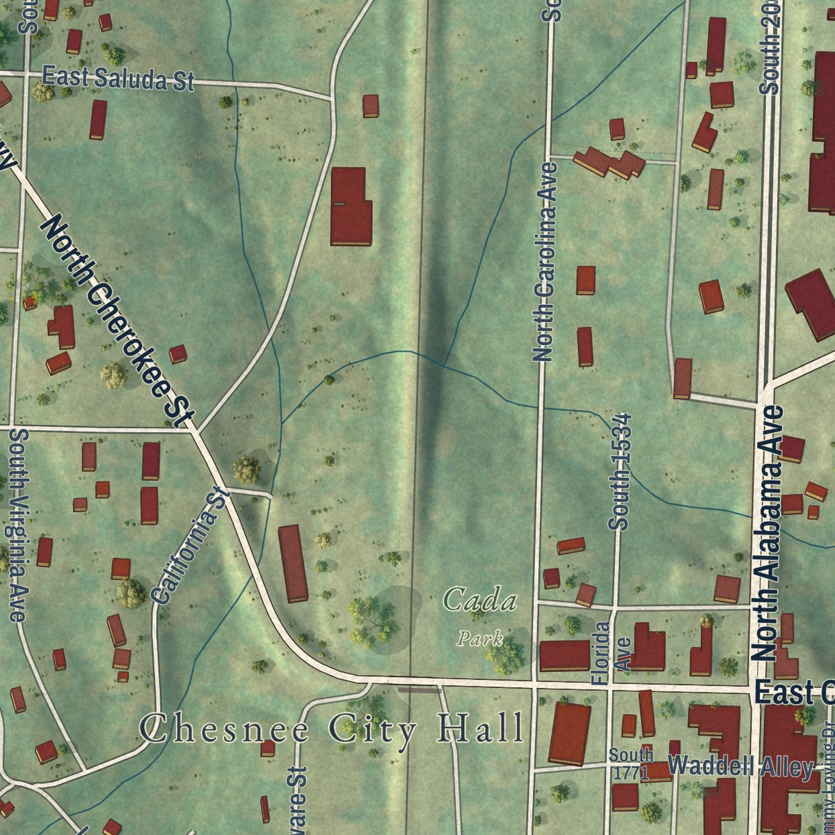 Second close-up of the map of Chesnee, South Carolina print showing more streets and buildings