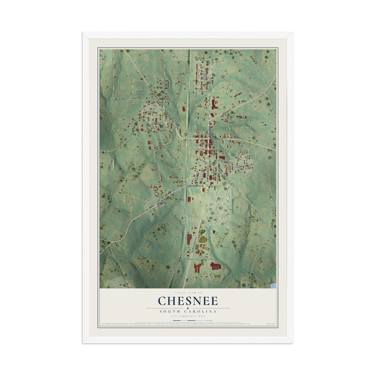 Map of Chesnee, South Carolina, 12 x 18 inch print in a white wood frame