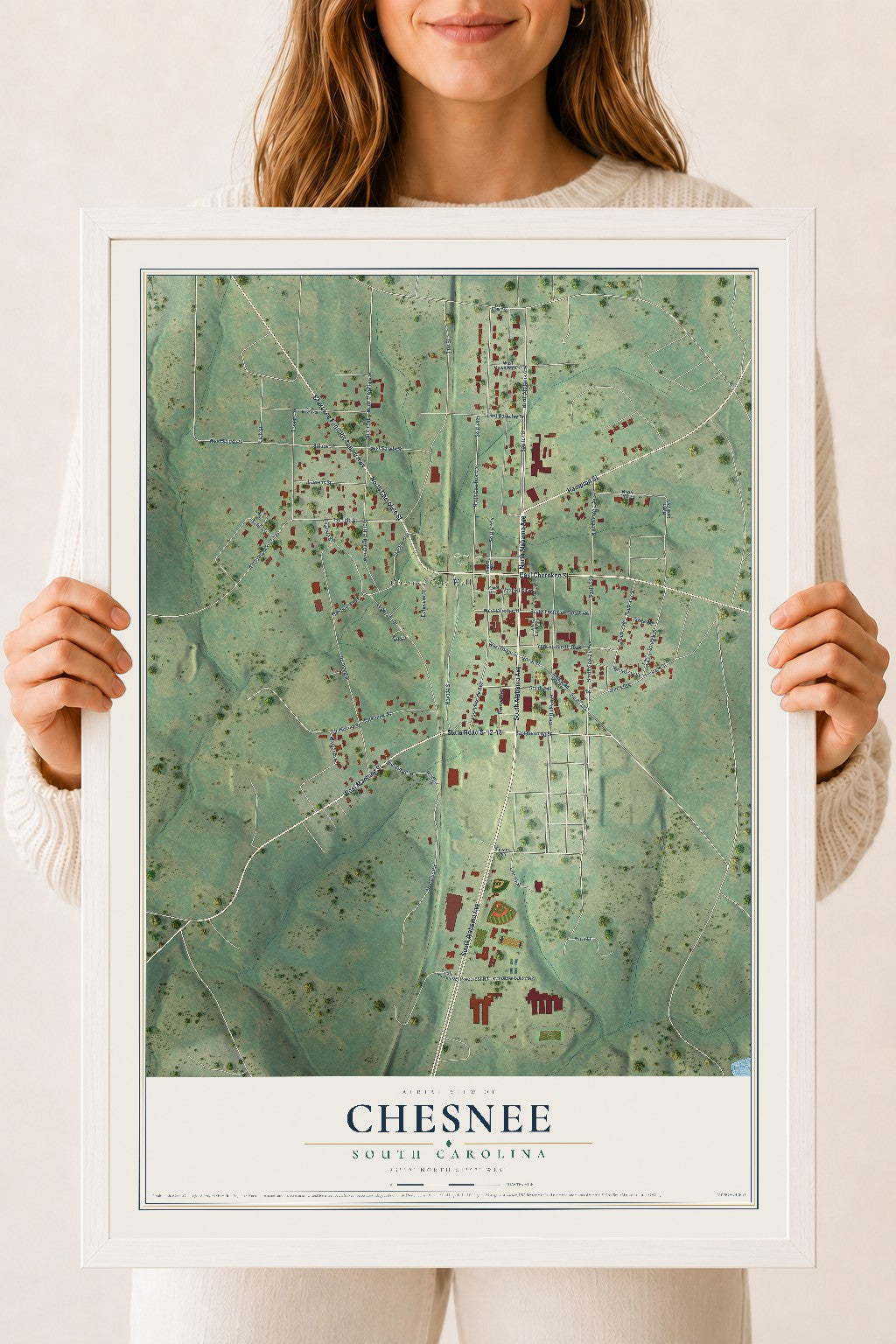 Map of Chesnee, South Carolina, 18 x 24 inch print in a white wood frame