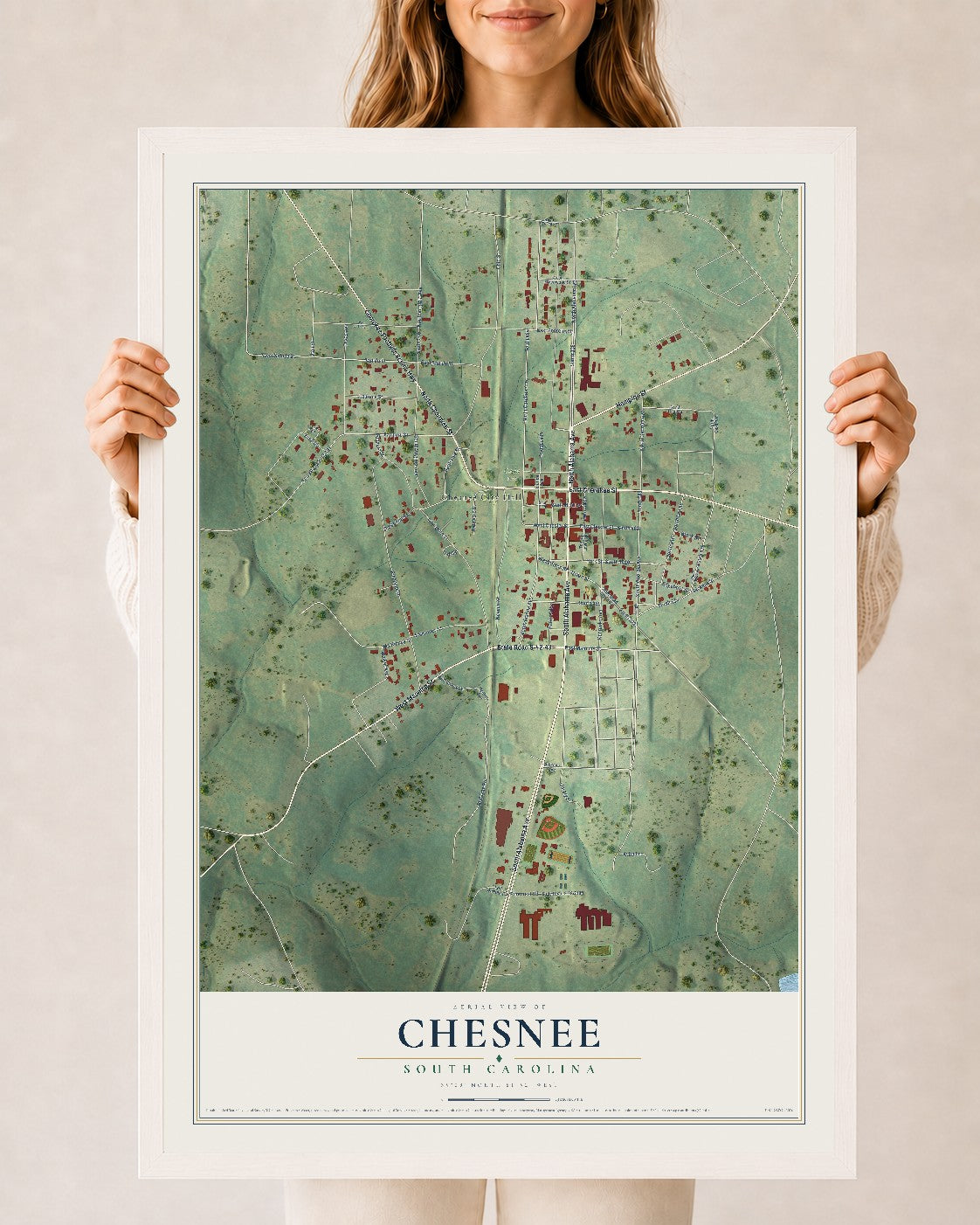 Map of Chesnee, South Carolina, 24 x 36 inch print in a white wood frame