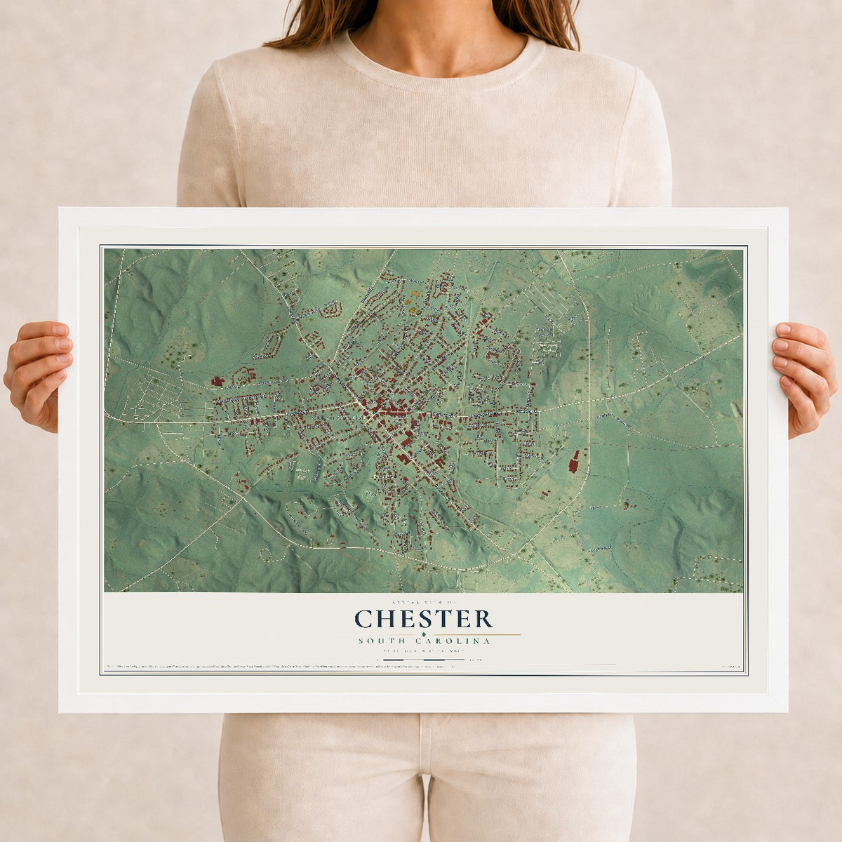 Map of Chester, South Carolina, 12 x 18 inch print in a white wood frame