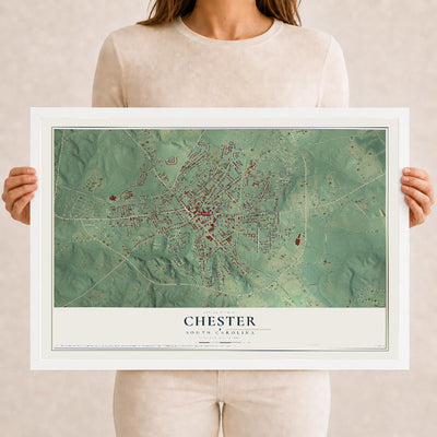 Map of Chester, South Carolina, 12 x 18 inch print in a white wood frame