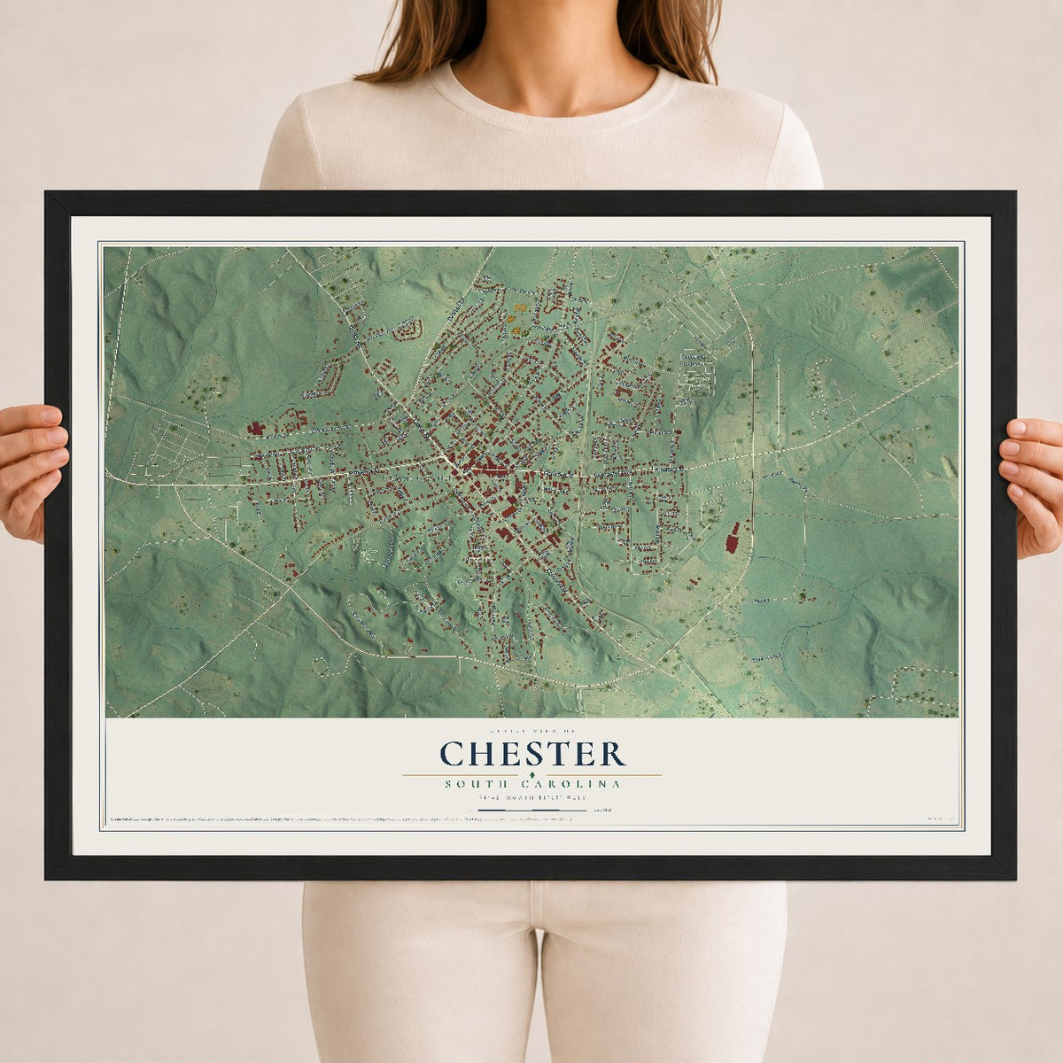 Map of Chester, South Carolina, 18 x 24 inch print in a black wood frame