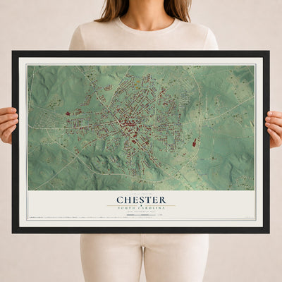 Map of Chester, South Carolina, 18 x 24 inch print in a black wood frame