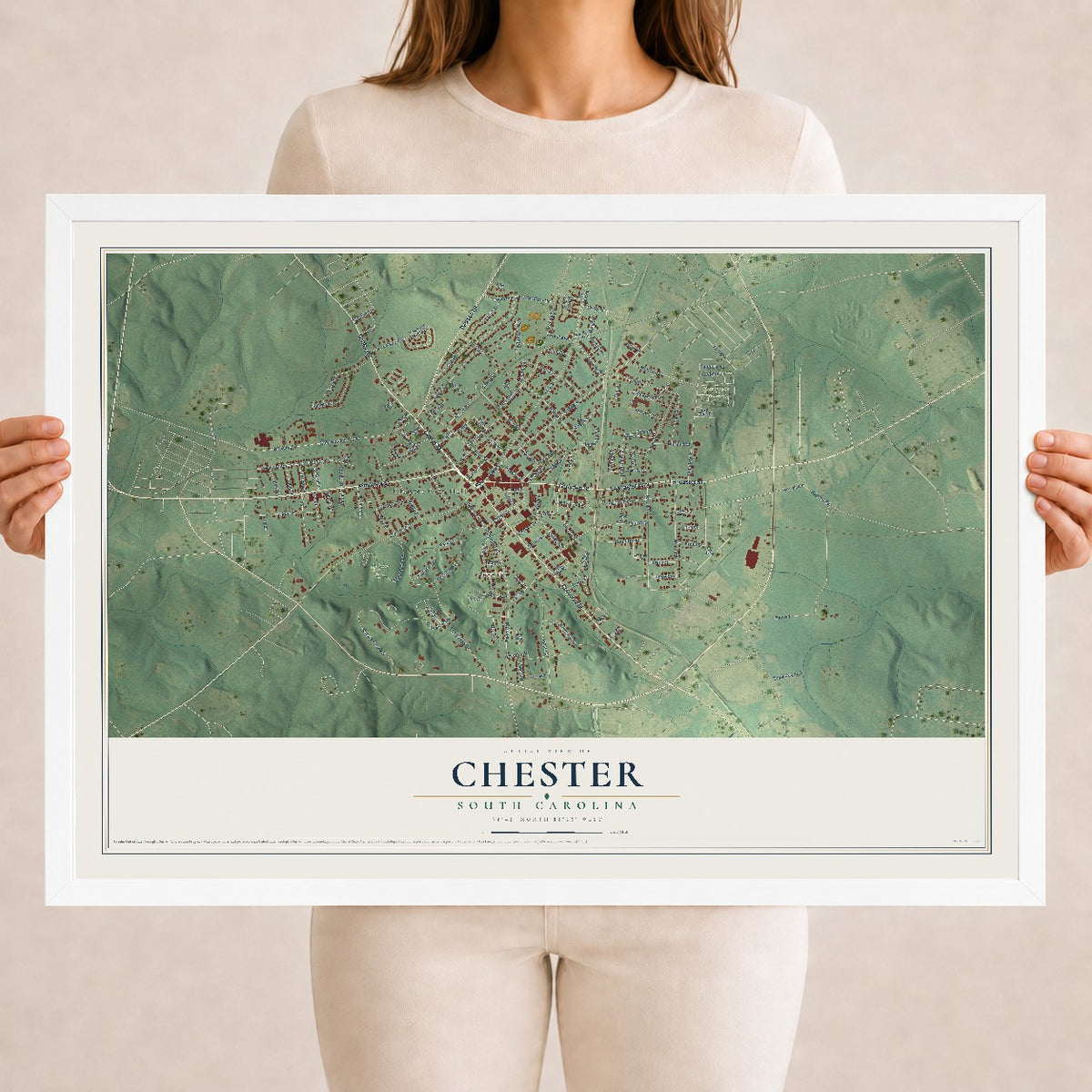 Map of Chester, South Carolina, 18 x 24 inch print in a white wood frame
