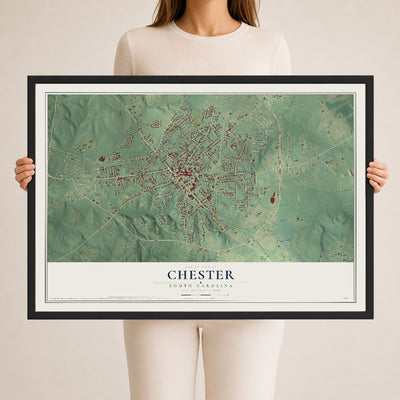 Map of Chester, South Carolina, 24 x 36 inch print in a black wood frame