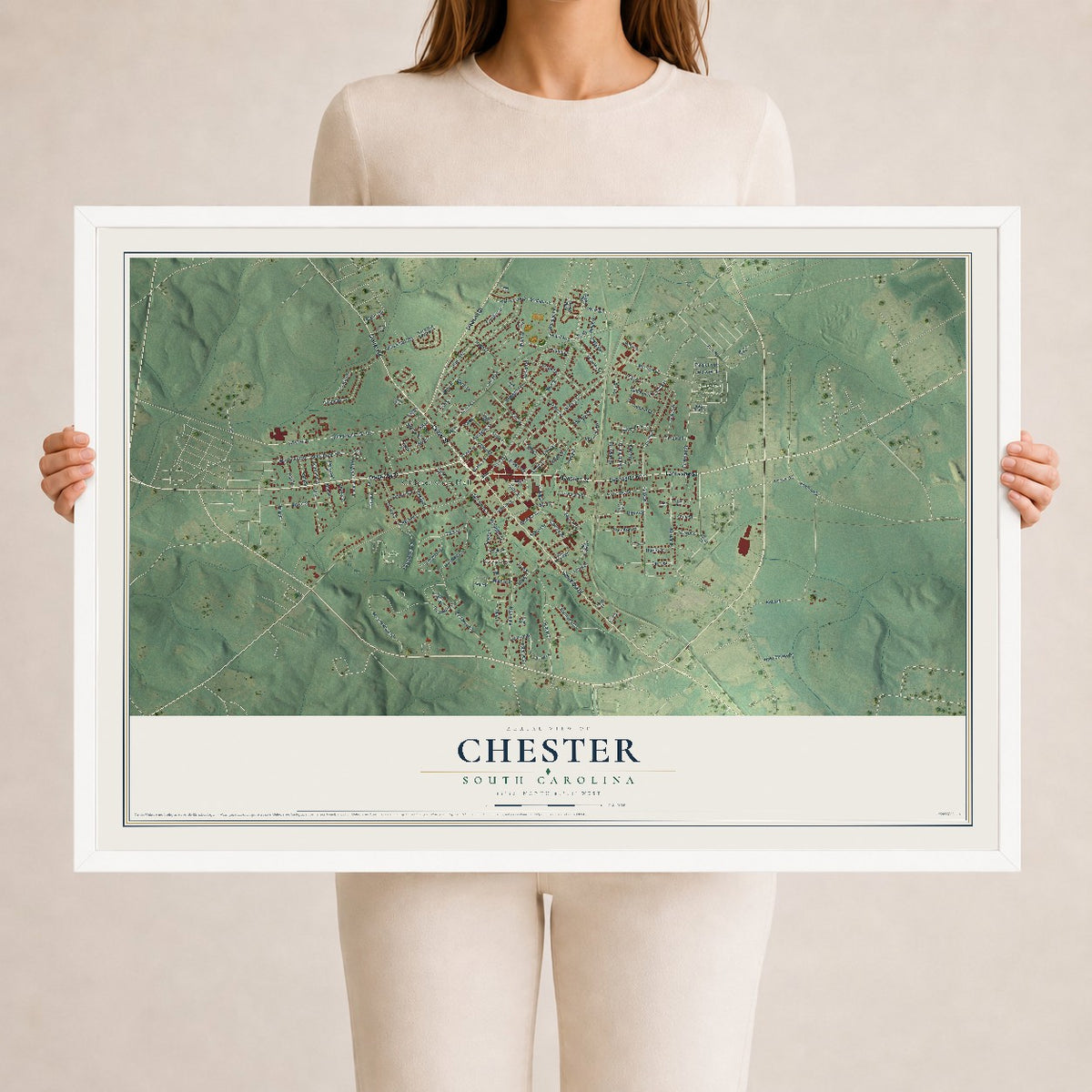 Map of Chester, South Carolina, 24 x 36 inch print in a white wood frame