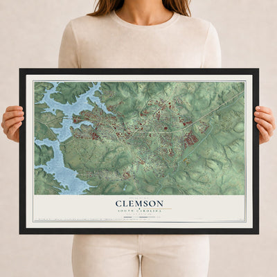Map of Clemson, South Carolina, 12 x 18 inch print in a black wood frame