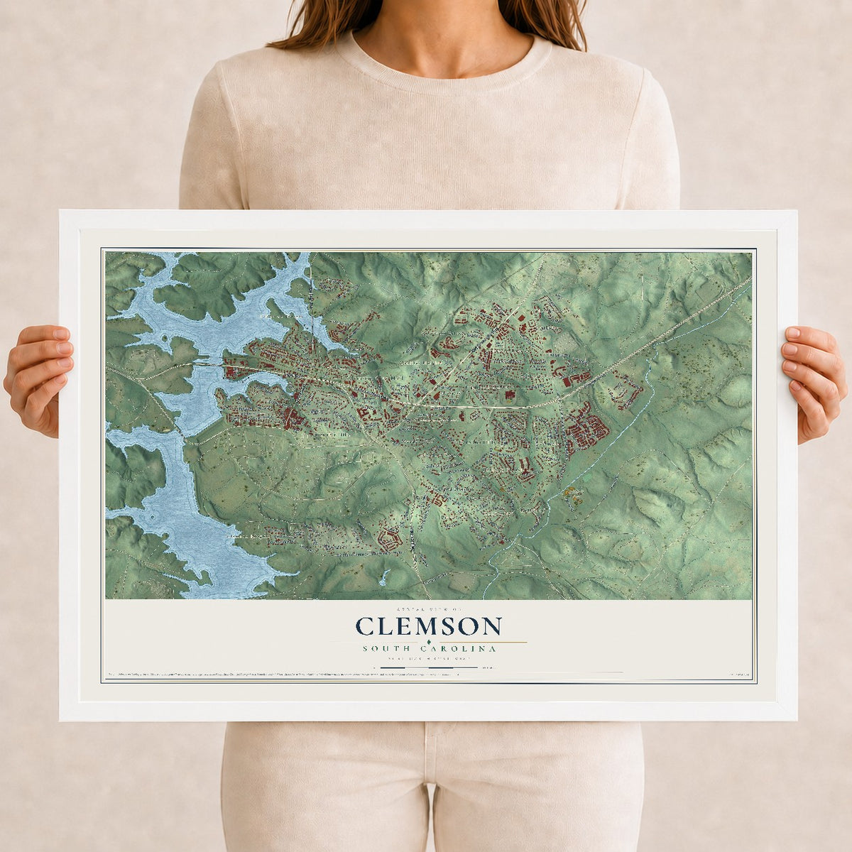 Map of Clemson, South Carolina, 12 x 18 inch print in a white wood frame