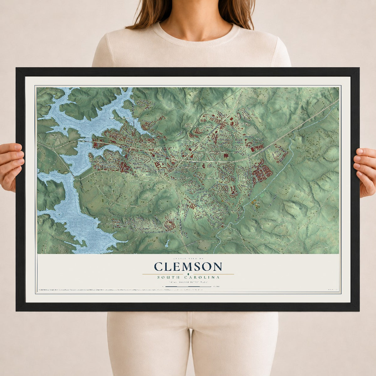 Map of Clemson, South Carolina, 18 x 24 inch print in a black wood frame