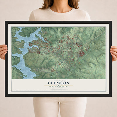 Map of Clemson, South Carolina, 18 x 24 inch print in a black wood frame