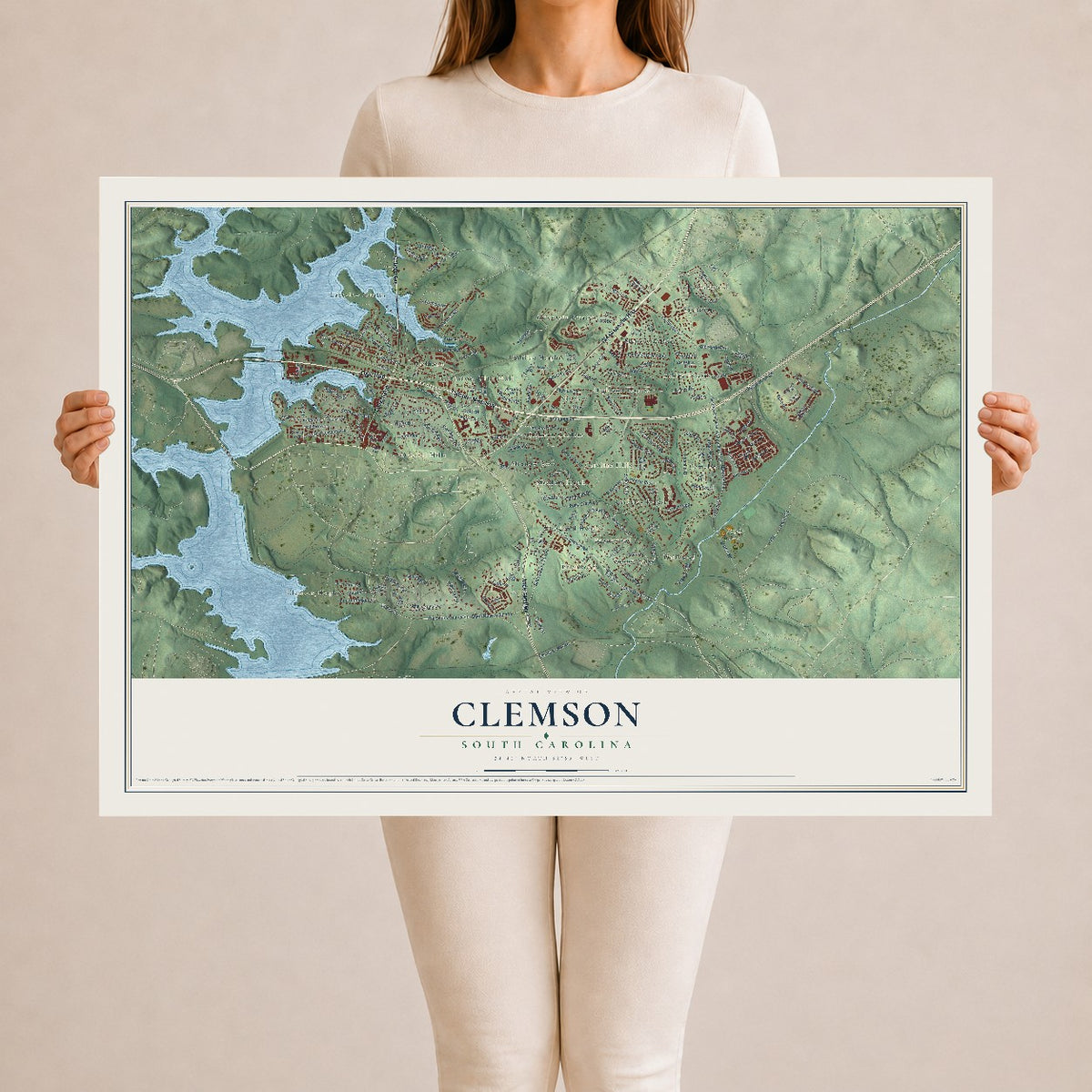 Map of Clemson, South Carolina, 24 x 36 inch unframed archival matte print