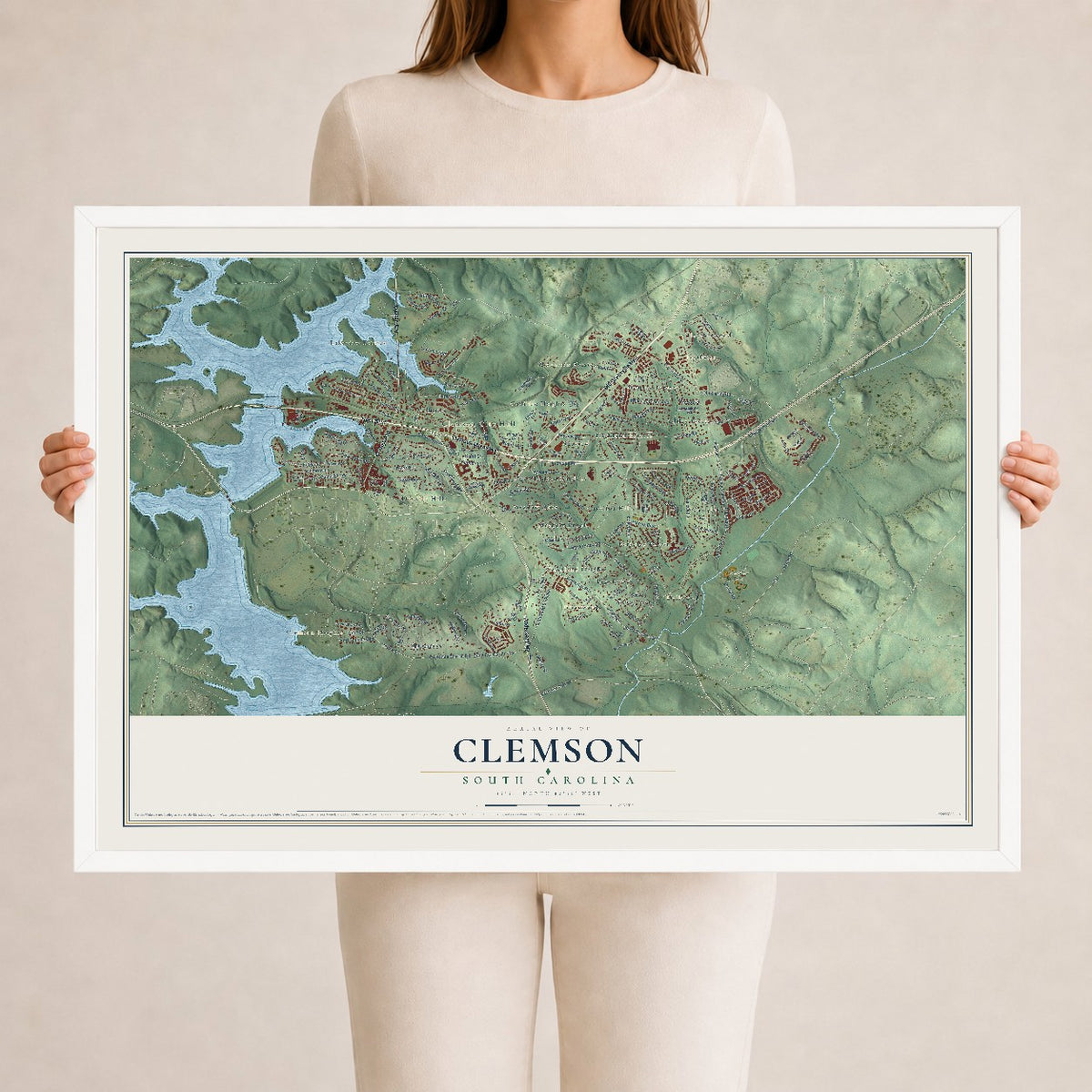 Map of Clemson, South Carolina, 24 x 36 inch print in a white wood frame