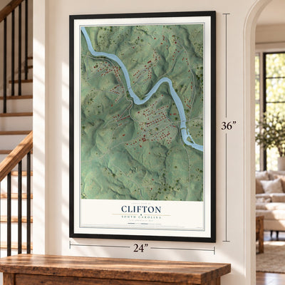 Clifton, South Carolina map, 24 x 36 inch print in a black frame by a staircase