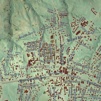 Close-up of the map of Clinton, South Carolina print showing street and building detail