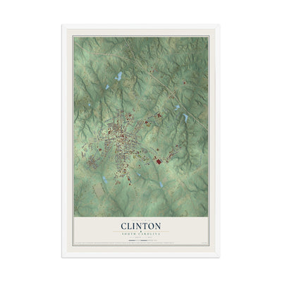 Map of Clinton, South Carolina, 12 x 18 inch print in a white wood frame
