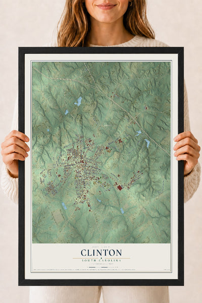 Map of Clinton, South Carolina, 18 x 24 inch print in a black wood frame