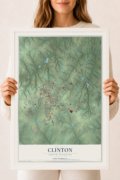 Map of Clinton, South Carolina, 18 x 24 inch print in a white wood frame