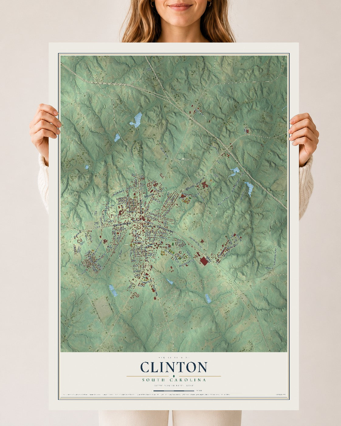 Map of Clinton, South Carolina, 24 x 36 inch unframed archival matte print