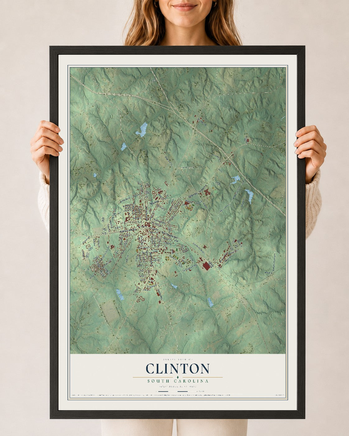 Map of Clinton, South Carolina, 24 x 36 inch print in a black wood frame