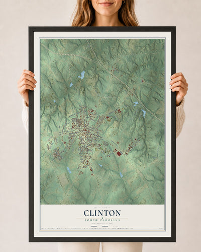 Map of Clinton, South Carolina, 24 x 36 inch print in a black wood frame
