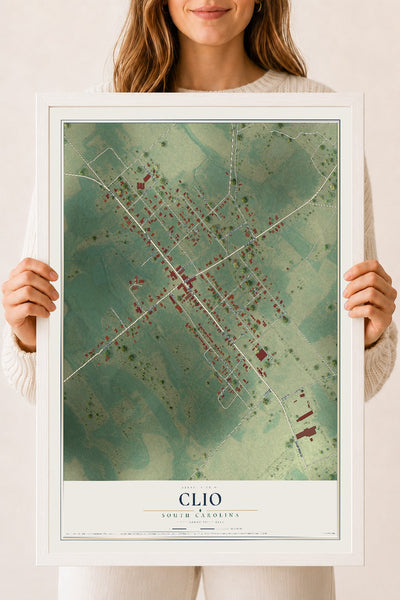 Map of Clio, South Carolina, 18 x 24 inch print in a white wood frame