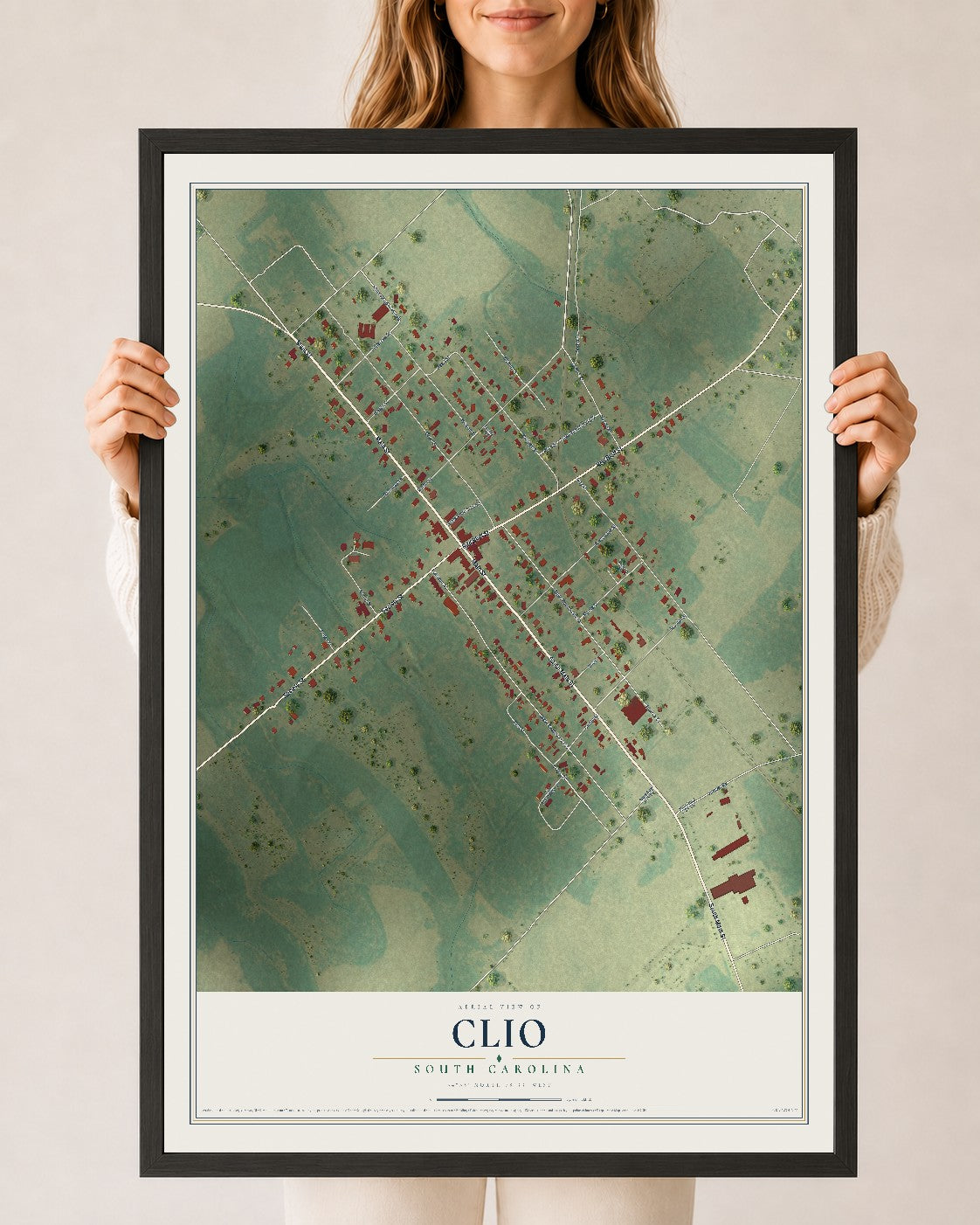 Map of Clio, South Carolina, 24 x 36 inch print in a black wood frame