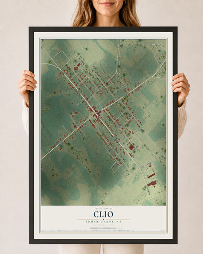 Map of Clio, South Carolina, 24 x 36 inch print in a black wood frame